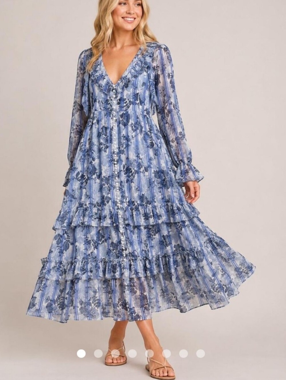 Free People Blue Floral Tiered Maxi with V-Neck
